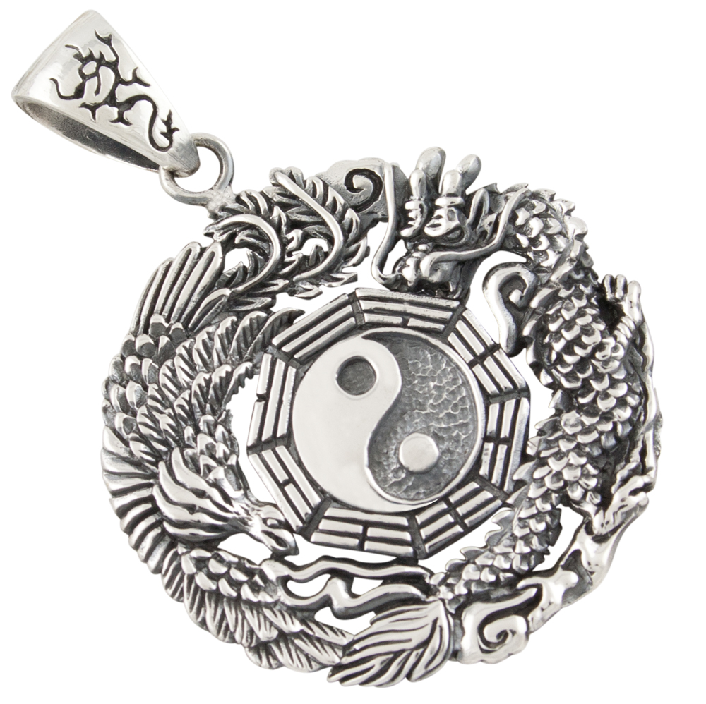 Yin Yang mit Drachen und Phönix Anhänger Silber 925