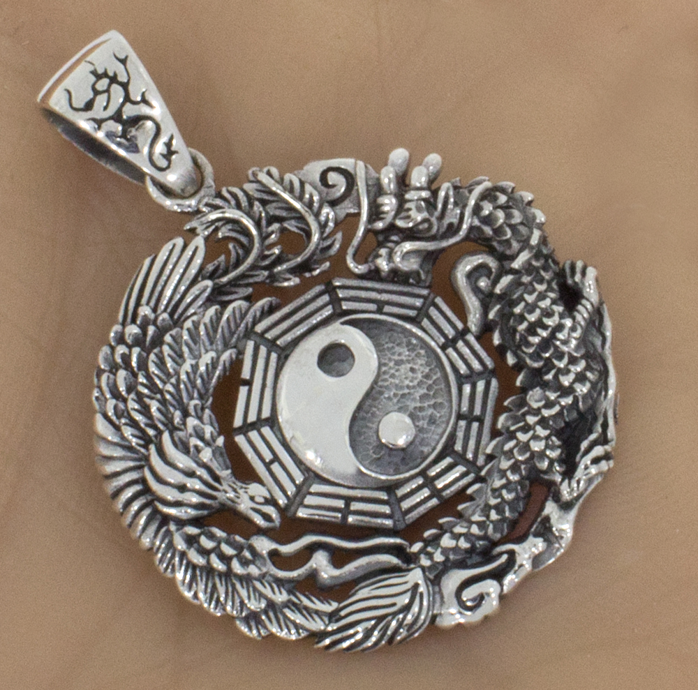 Silberanhänger Yin Yang mit Drachen und Phönix 